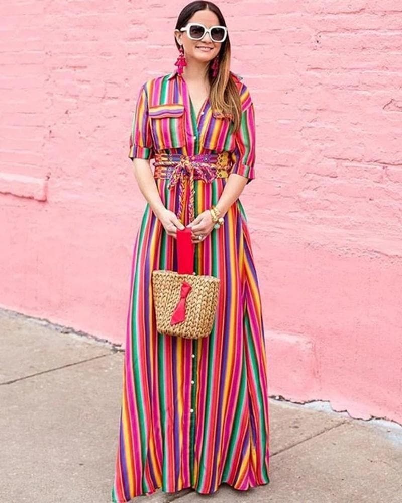 Raphaella - Robe longue à rayures multicolores et tendance