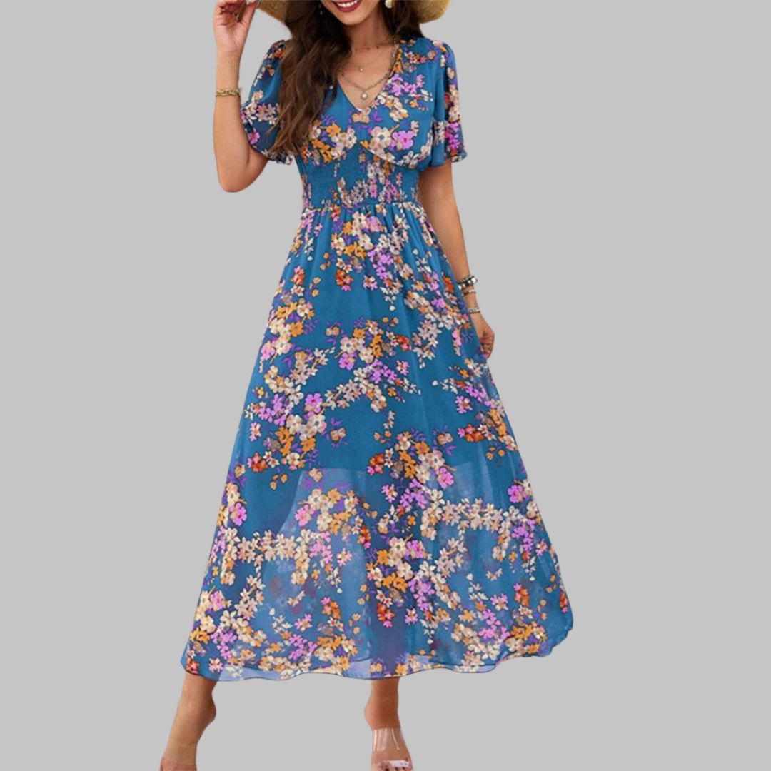 Léonie | Robe Midi avec Motifs Floraux et Manches Courtes pour Femmes