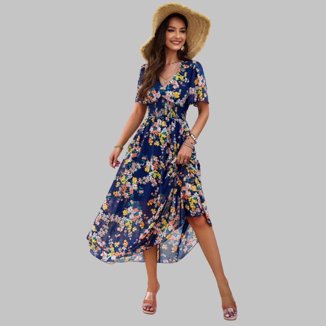 Léonie | Robe Midi avec Motifs Floraux et Manches Courtes pour Femmes
