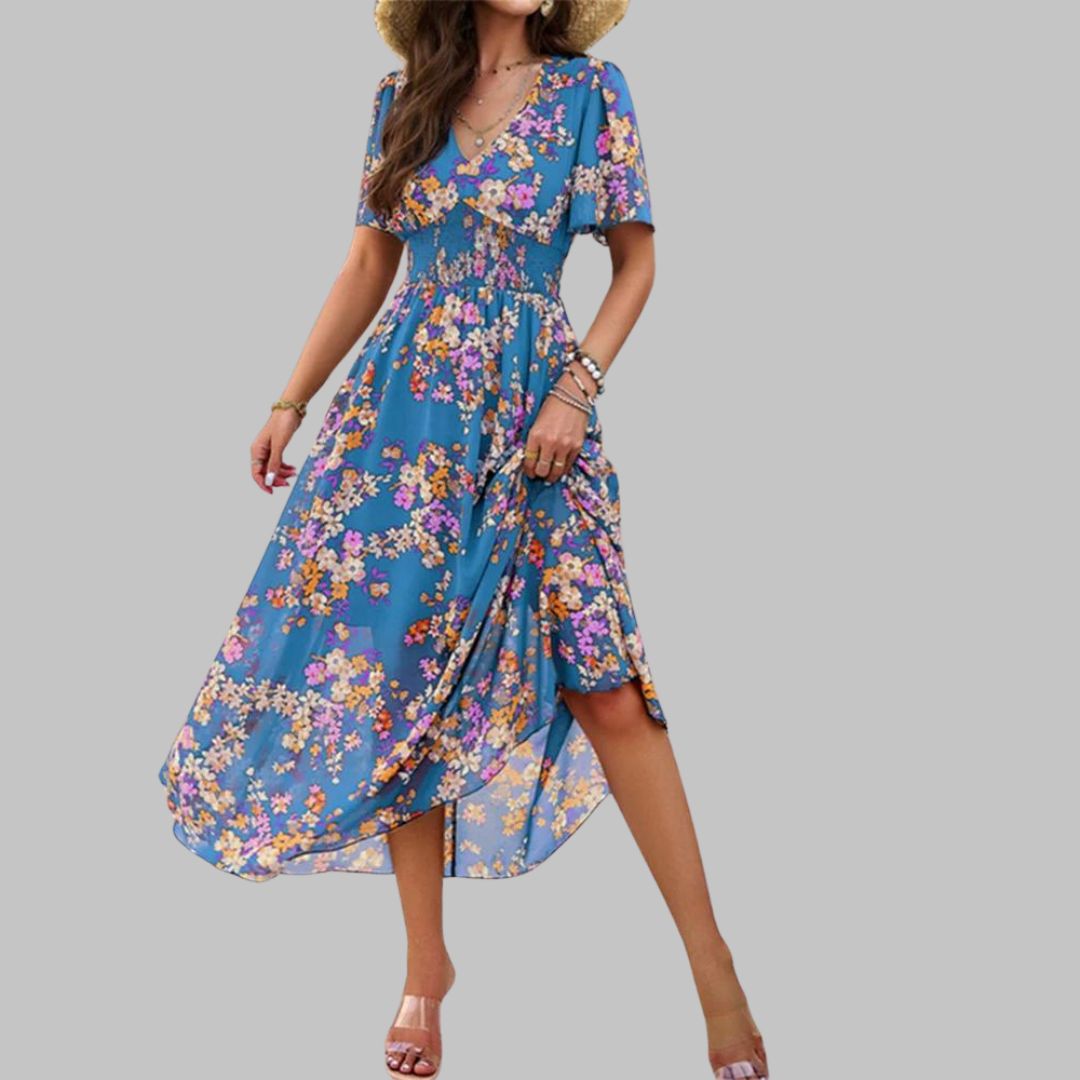 Léonie | Robe Midi avec Motifs Floraux et Manches Courtes pour Femmes