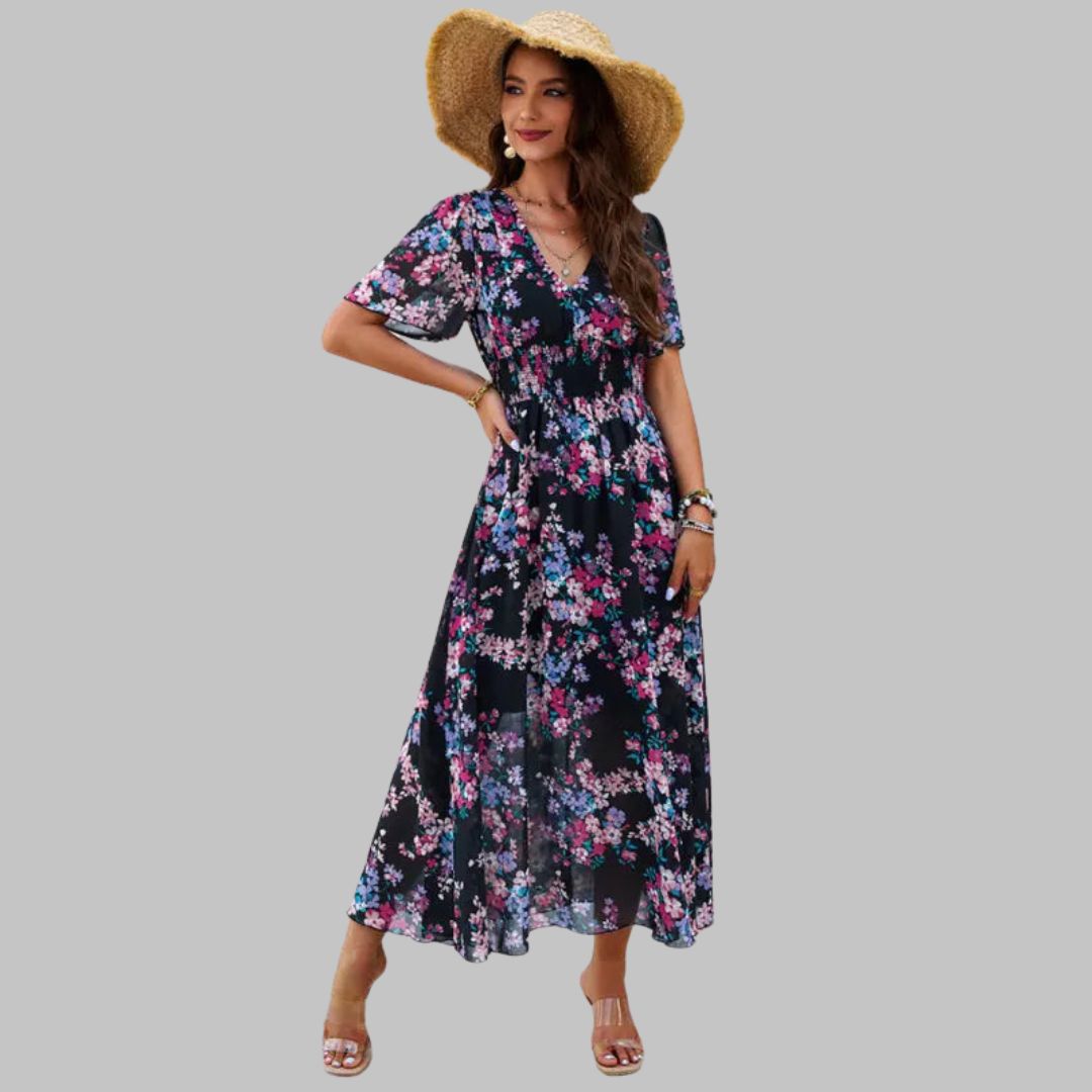 Léonie | Robe Midi avec Motifs Floraux et Manches Courtes pour Femmes