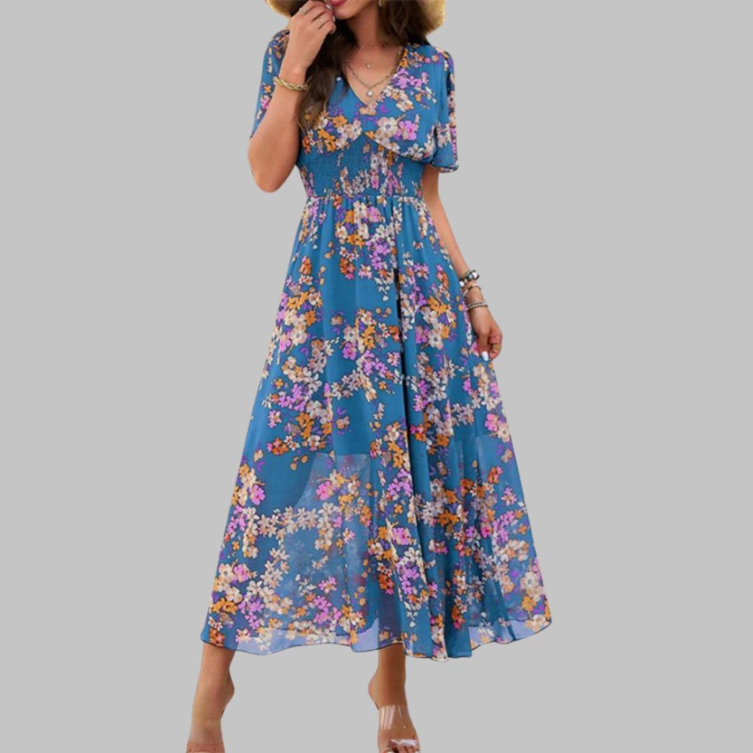 Léonie | Robe Midi avec Motifs Floraux et Manches Courtes pour Femmes