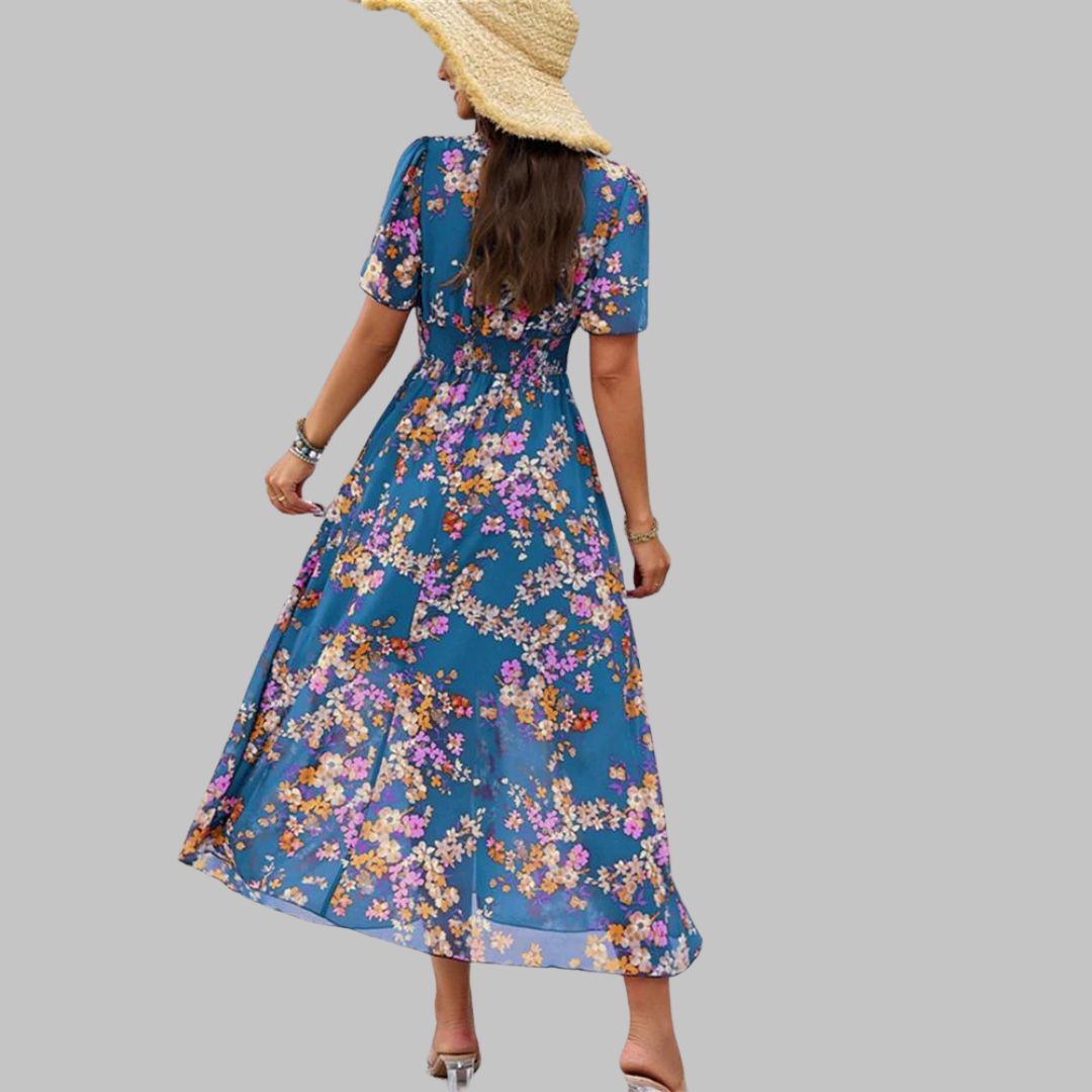Léonie | Robe Midi avec Motifs Floraux et Manches Courtes pour Femmes