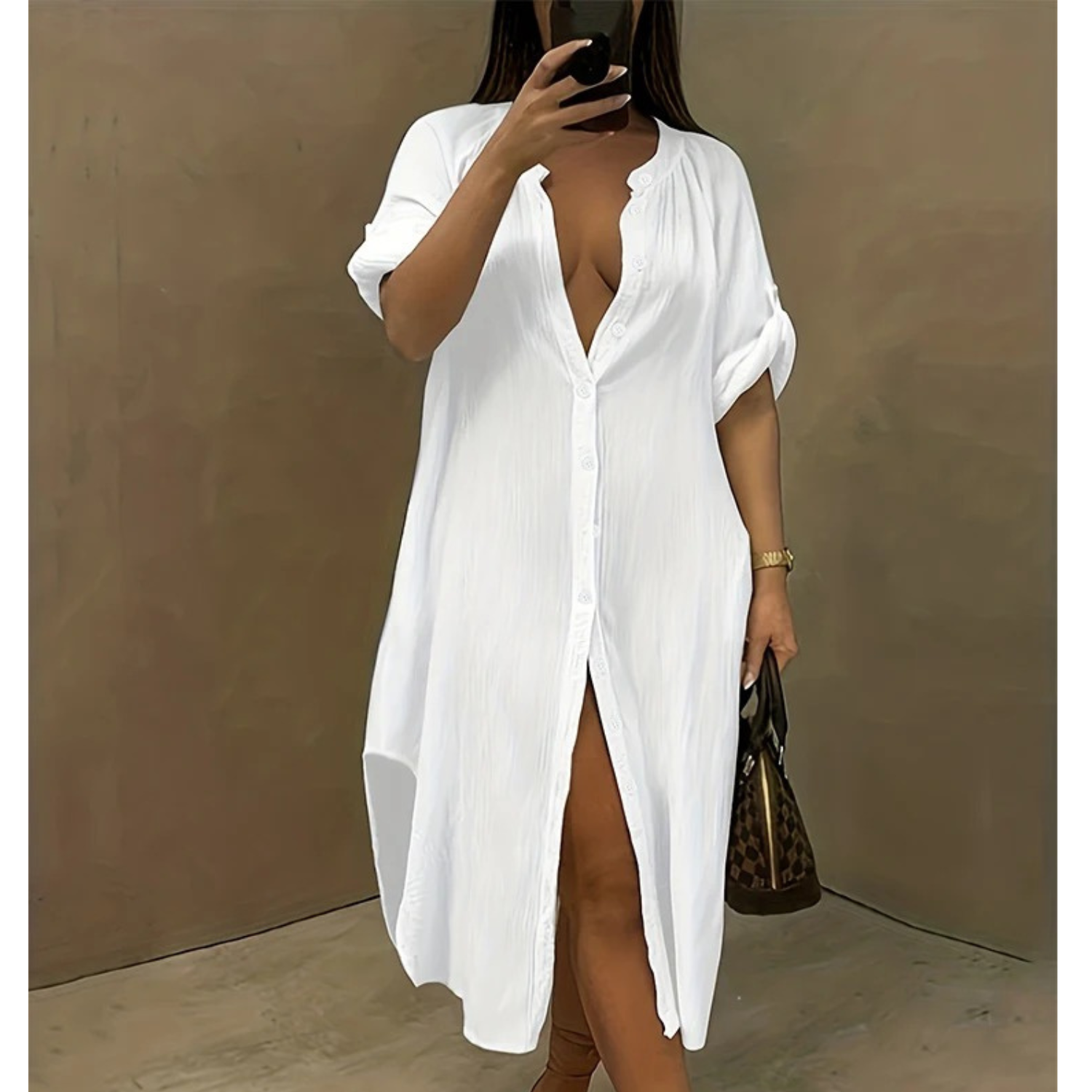 Clarissa - Robe chemise longue avec col en V et fente haute