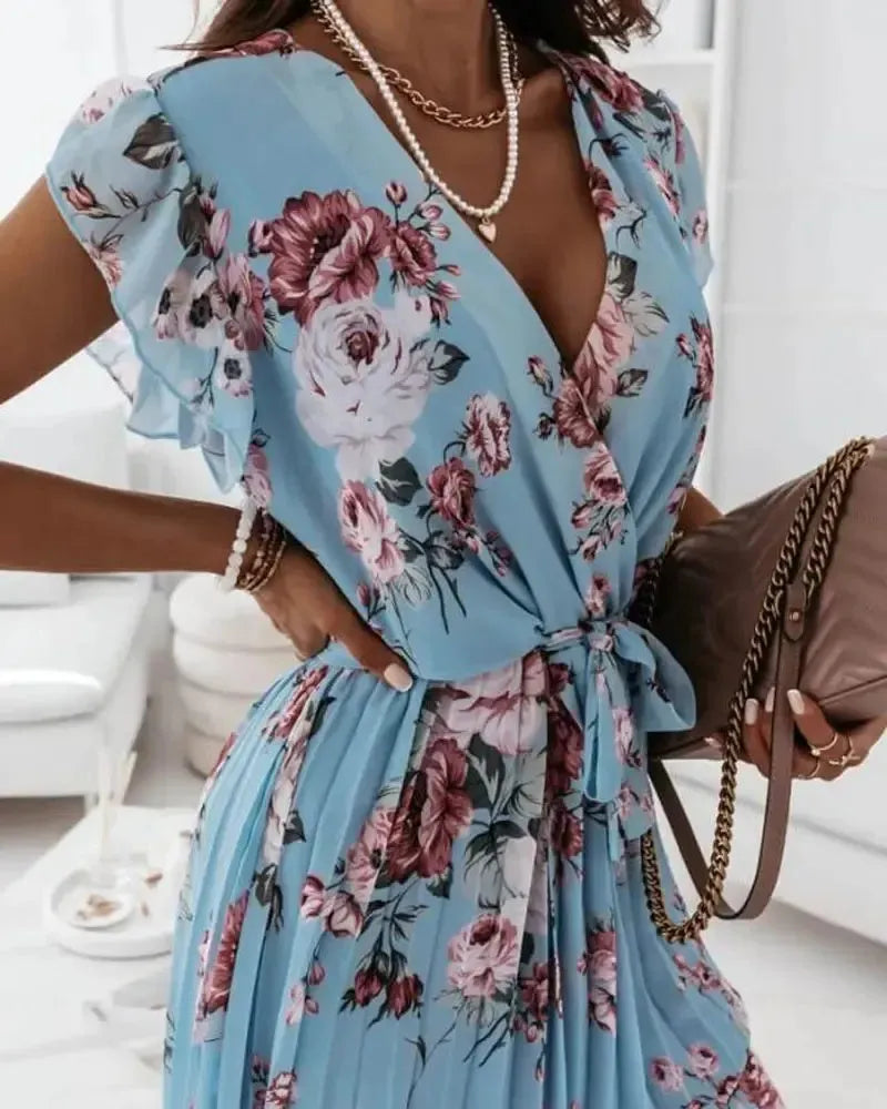 Margaret - Robe portefeuille plissée à imprimé floral ceinturée