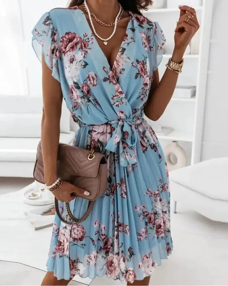 Margaret - Robe portefeuille plissée à imprimé floral ceinturée