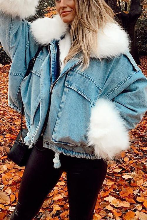 Léonie | Veste en Jean avec Doublure en Fausse Fourrure et Style Surdimensionné pour Femmes