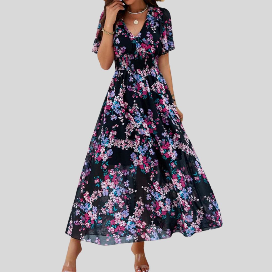 Léonie | Robe Midi avec Motifs Floraux et Manches Courtes pour Femmes