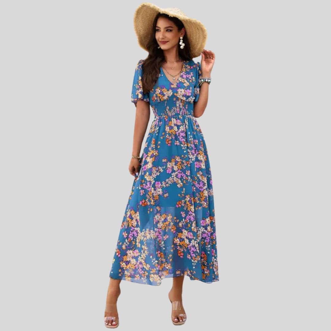 Léonie | Robe Midi avec Motifs Floraux et Manches Courtes pour Femmes