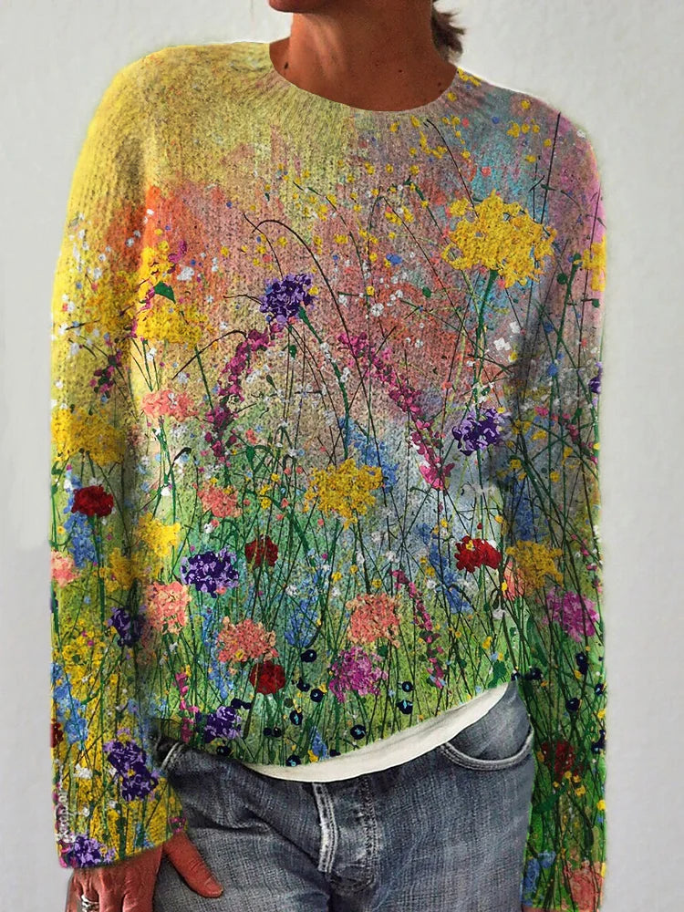 Felisha - Pull douillet d'art de peinture à l'huile de fleurs