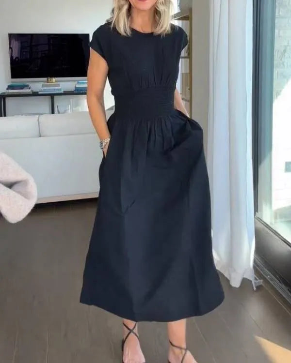 Rebecca - élégante robe longue à taille élastique en coton lin uni
