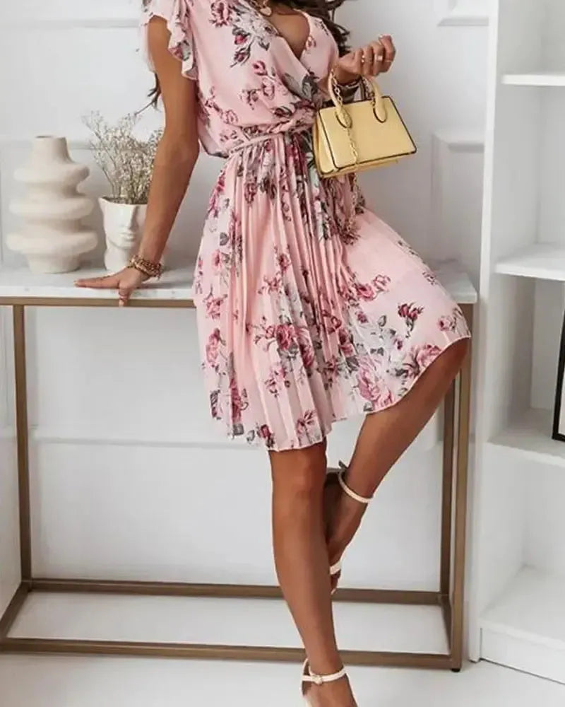 Margaret - Robe portefeuille plissée à imprimé floral ceinturée