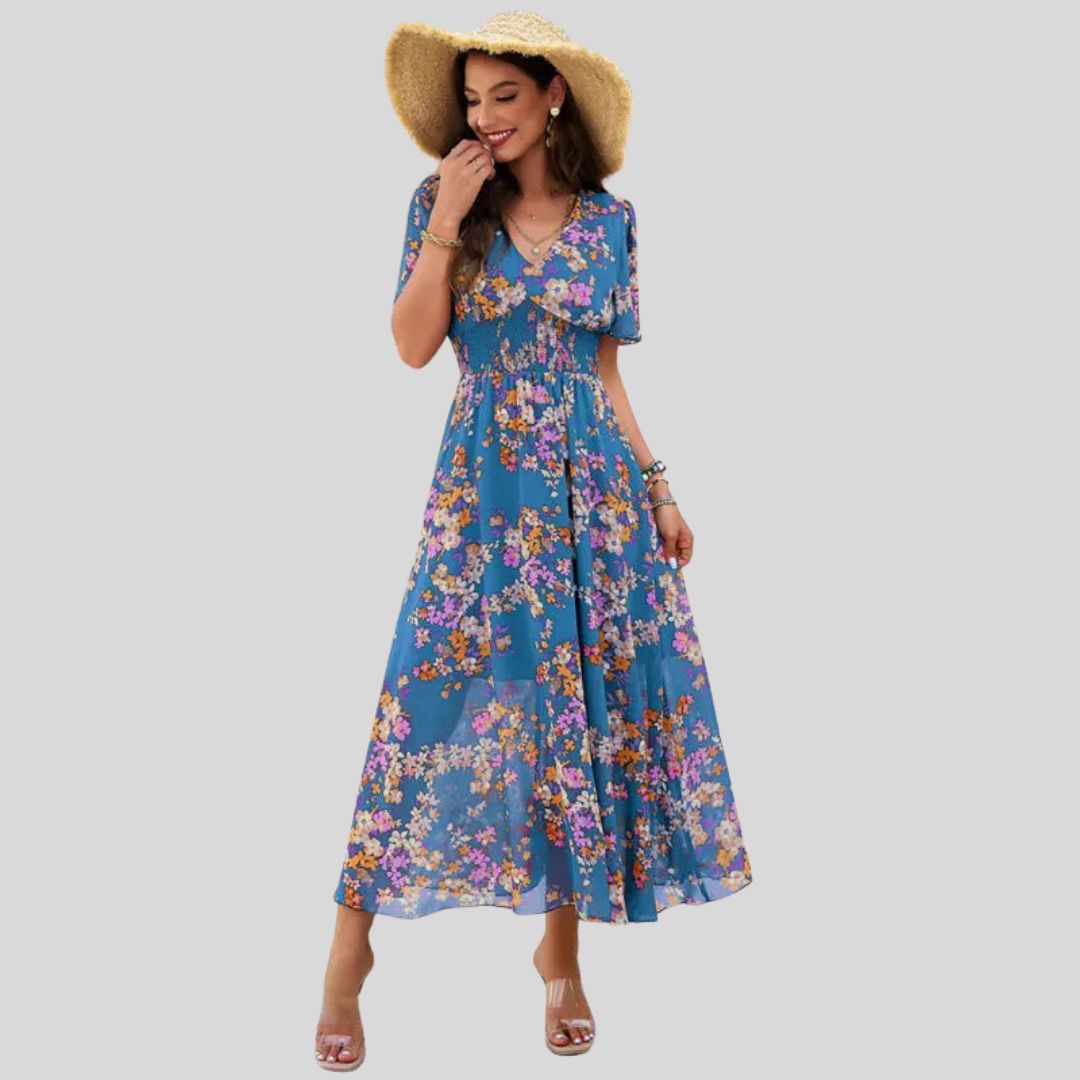 Léonie | Robe Midi avec Motifs Floraux et Manches Courtes pour Femmes