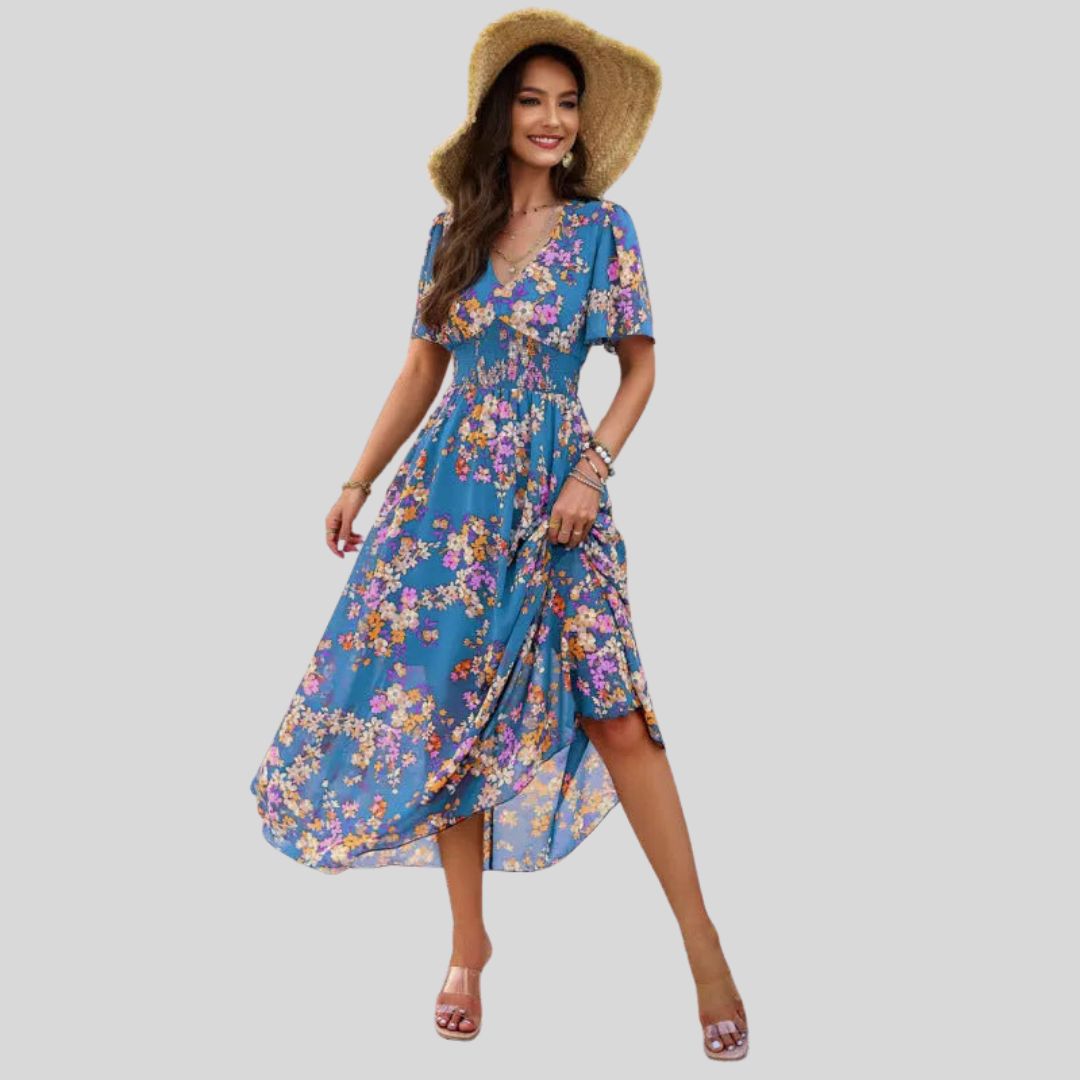 Léonie | Robe Midi avec Motifs Floraux et Manches Courtes pour Femmes