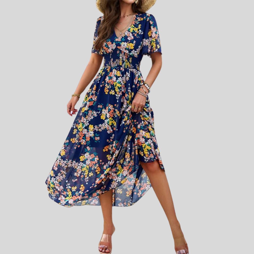 Léonie | Robe Midi avec Motifs Floraux et Manches Courtes pour Femmes