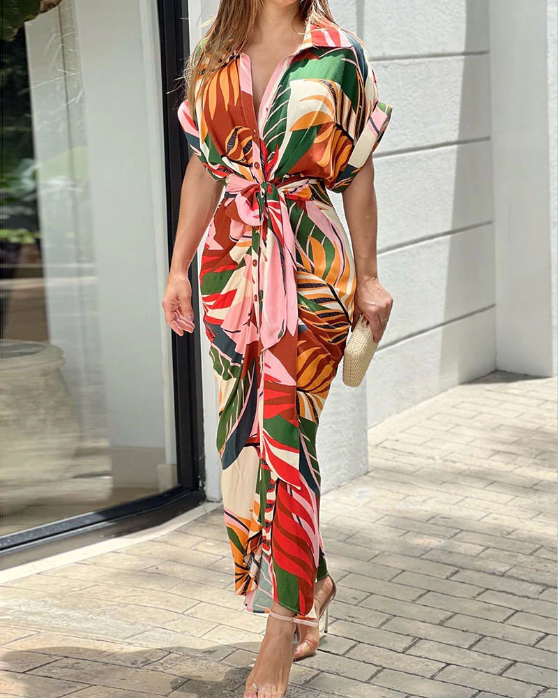 Léonie | Robe Maxi Élégante avec Col en Relief et Manches Courtes pour Femmes