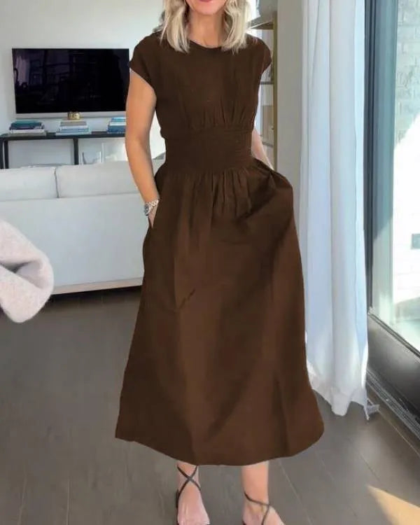Rebecca - élégante robe longue à taille élastique en coton lin uni