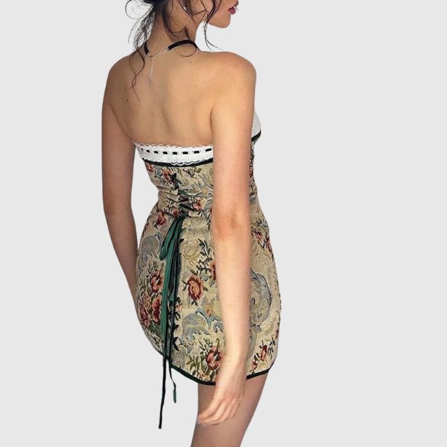 Léontine | Mini robe sans bretelles avec motifs vintage et détails raffinés pour femmes