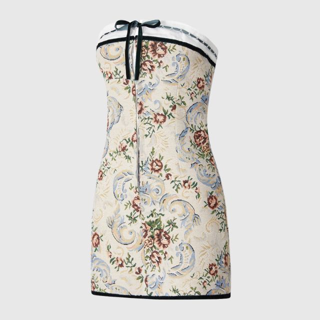 Léontine | Mini robe sans bretelles avec motifs vintage et détails raffinés pour femmes