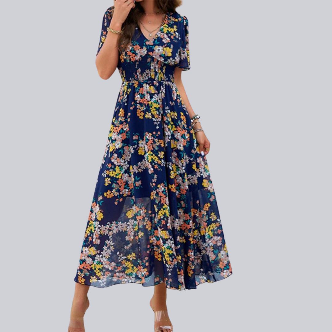 Léonie | Robe Midi avec Motifs Floraux et Manches Courtes pour Femmes