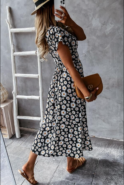 Lucie - Robe Midi à Imprimé Marguerite