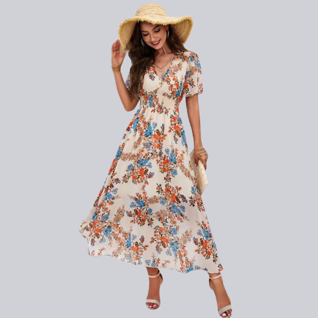 Léonie | Robe Midi avec Motifs Floraux et Manches Courtes pour Femmes