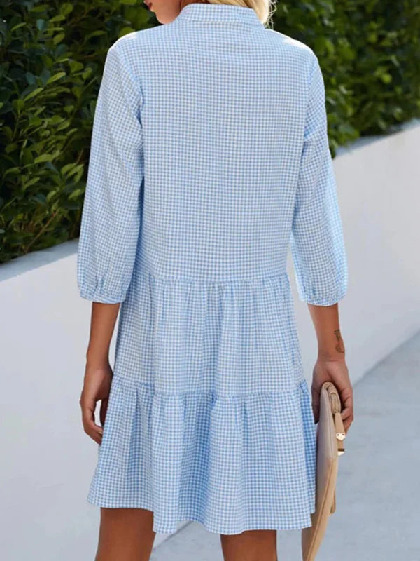 Raquel - Robe-chemise A-line, ample, boutonnée, à carreaux, fendue, dos nu, avec fermeture boutonnée