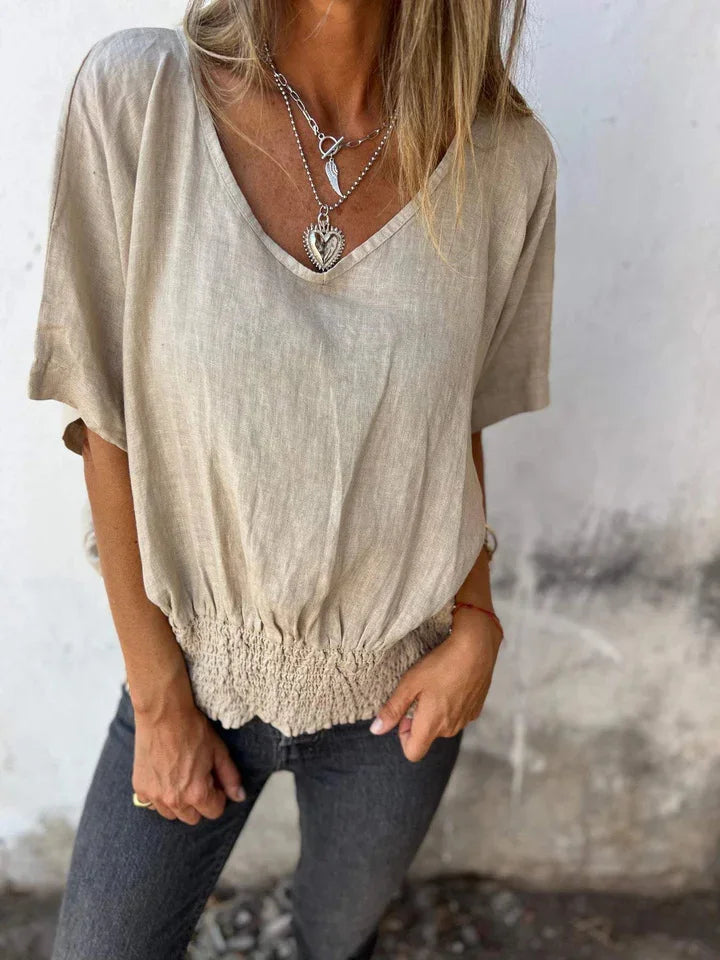 Gina - Top décontracté en coton et lin avec col en V pour femme