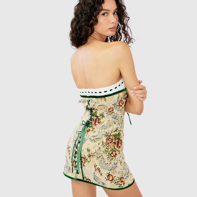 Léontine | Mini robe sans bretelles avec motifs vintage et détails raffinés pour femmes