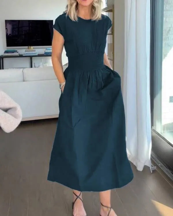 Rebecca - élégante robe longue à taille élastique en coton lin uni