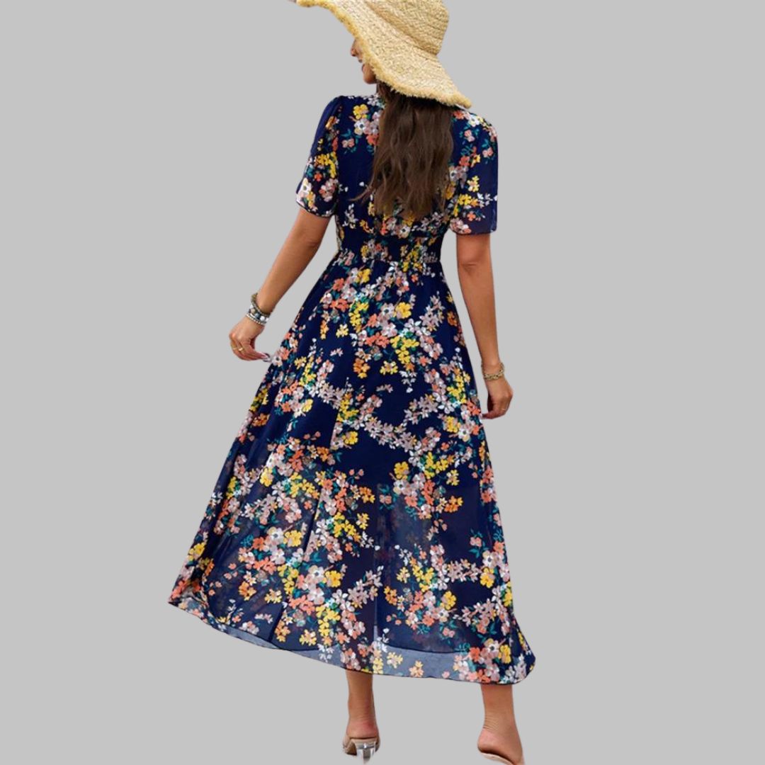 Léonie | Robe Midi avec Motifs Floraux et Manches Courtes pour Femmes