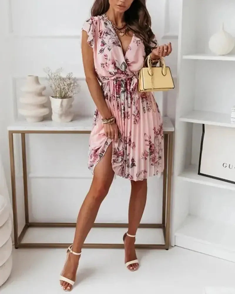Margaret - Robe portefeuille plissée à imprimé floral ceinturée