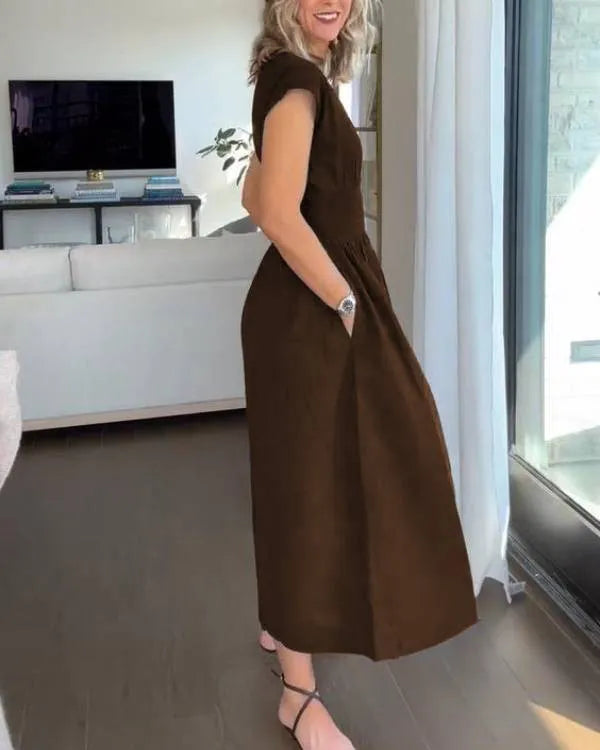 Rebecca - élégante robe longue à taille élastique en coton lin uni