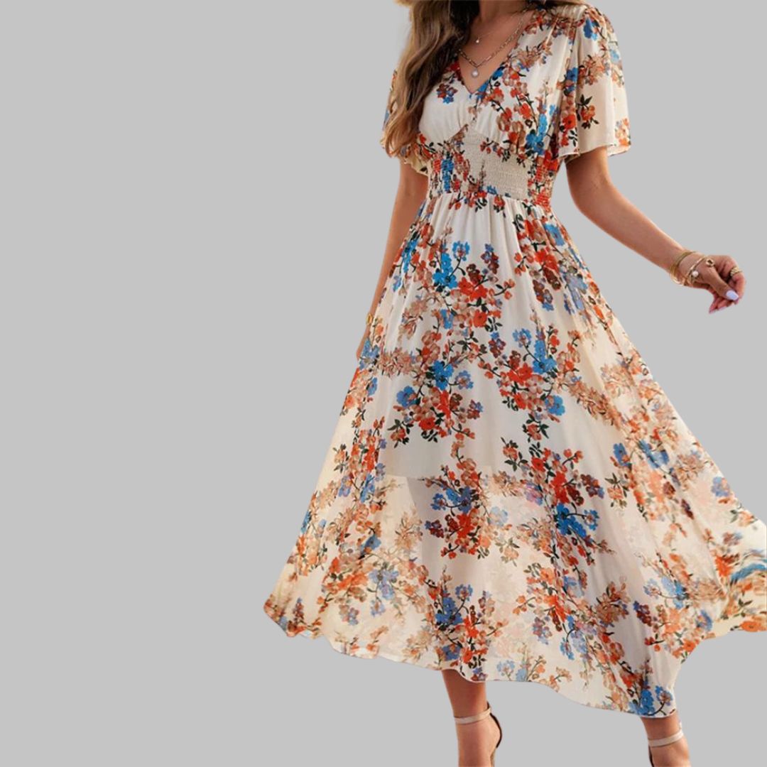 Léonie | Robe Midi avec Motifs Floraux et Manches Courtes pour Femmes