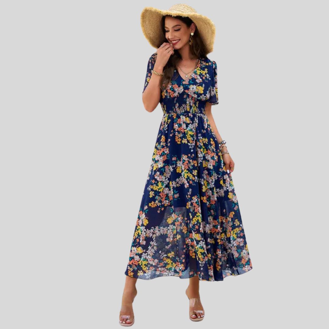 Léonie | Robe Midi avec Motifs Floraux et Manches Courtes pour Femmes