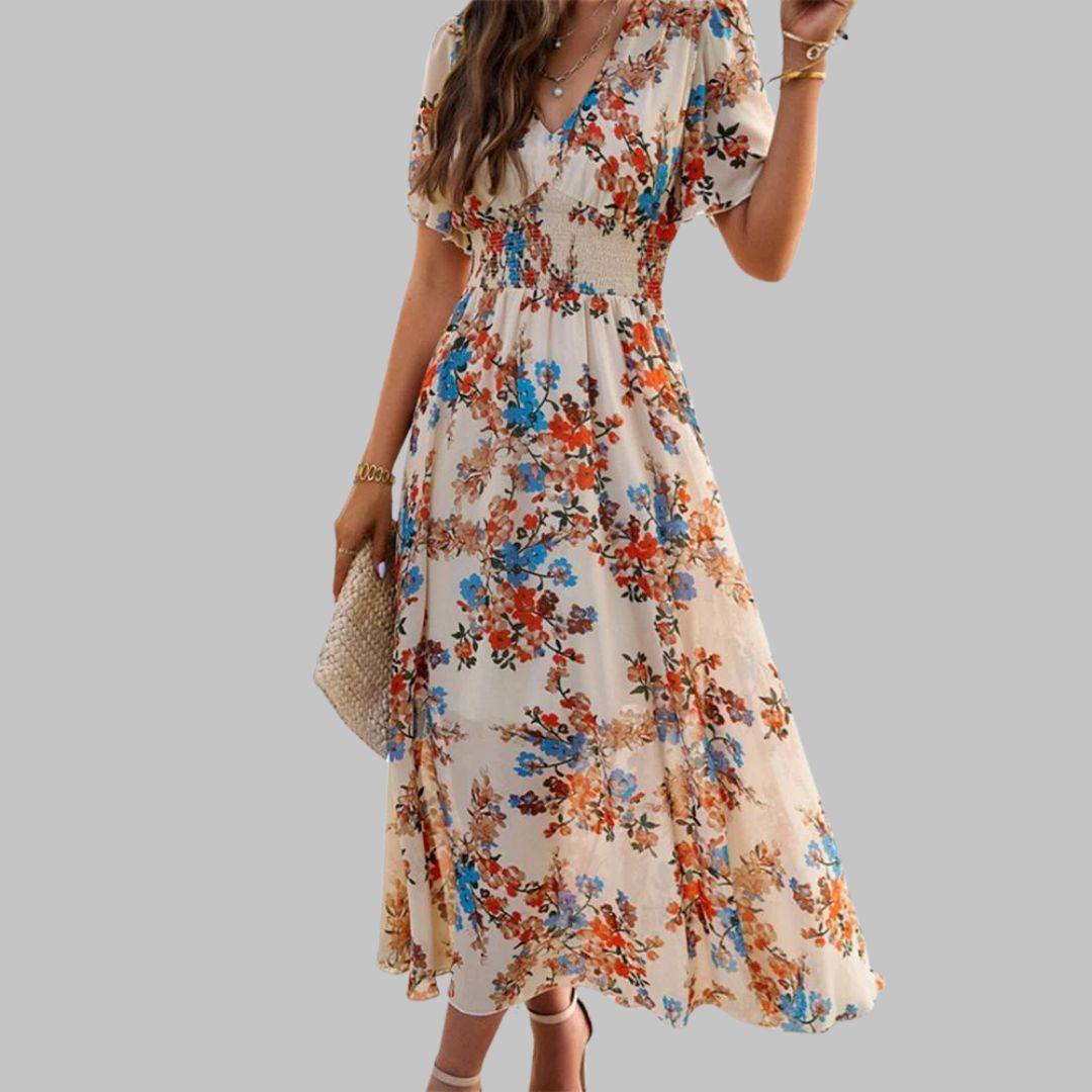Léonie | Robe Midi avec Motifs Floraux et Manches Courtes pour Femmes