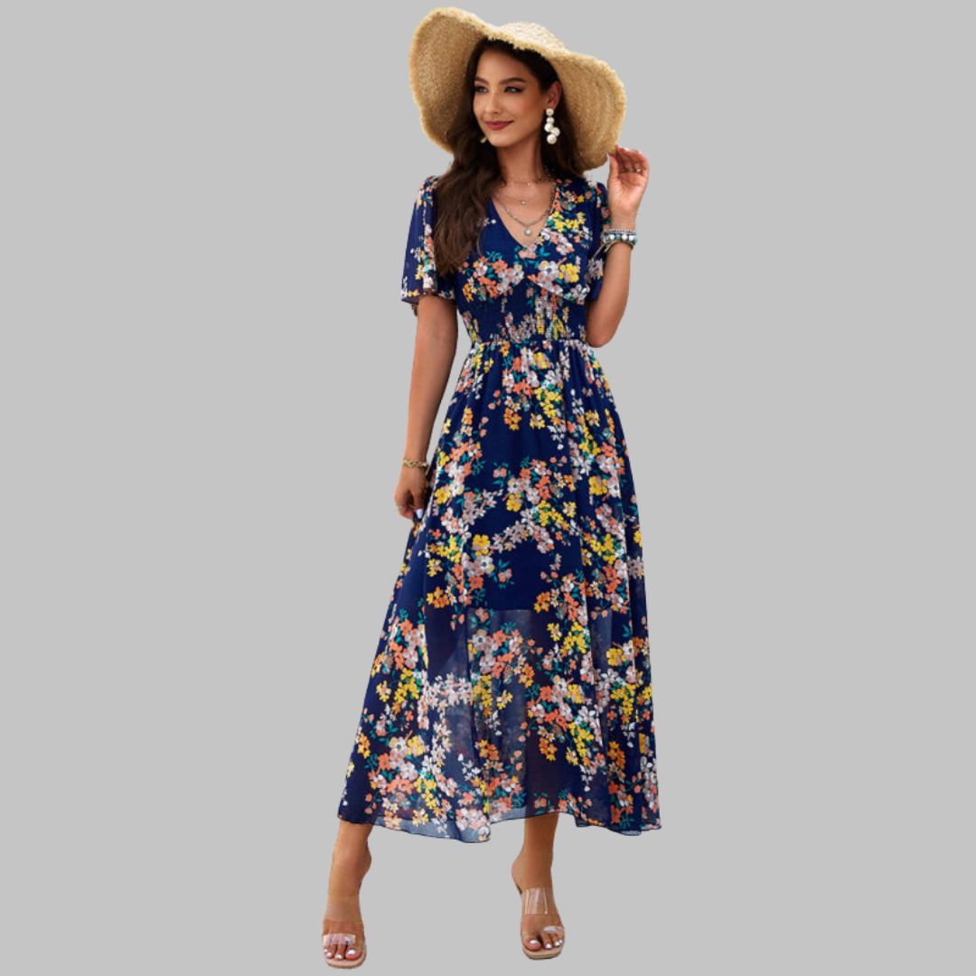 Léonie | Robe Midi avec Motifs Floraux et Manches Courtes pour Femmes