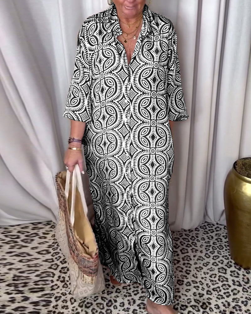 Martina - Longue robe vintage imprimée avec poche à rabat