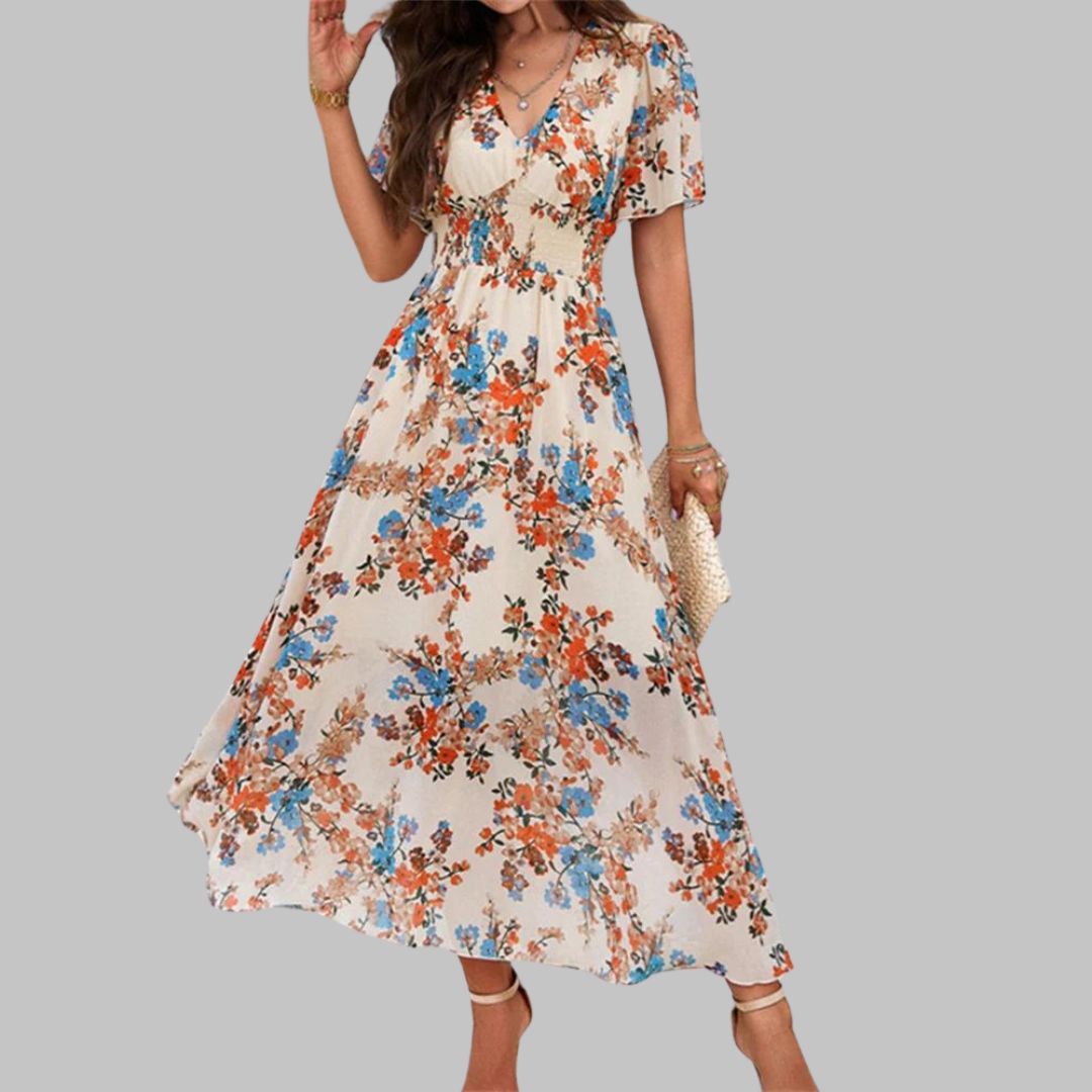 Léonie | Robe Midi avec Motifs Floraux et Manches Courtes pour Femmes