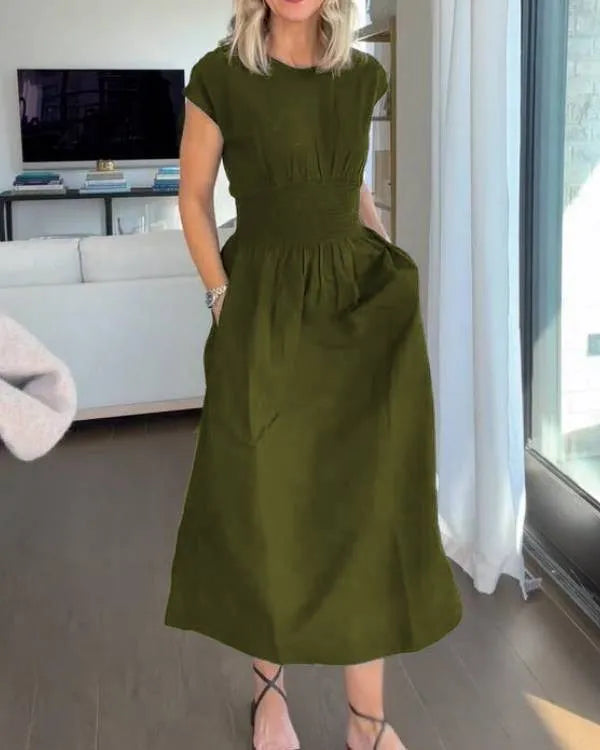 Rebecca - élégante robe longue à taille élastique en coton lin uni