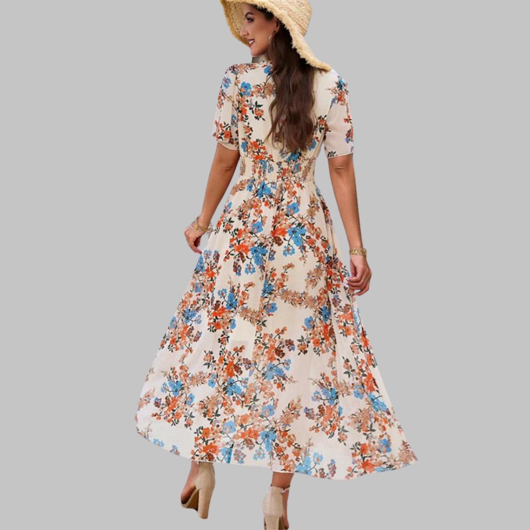 Léonie | Robe Midi avec Motifs Floraux et Manches Courtes pour Femmes