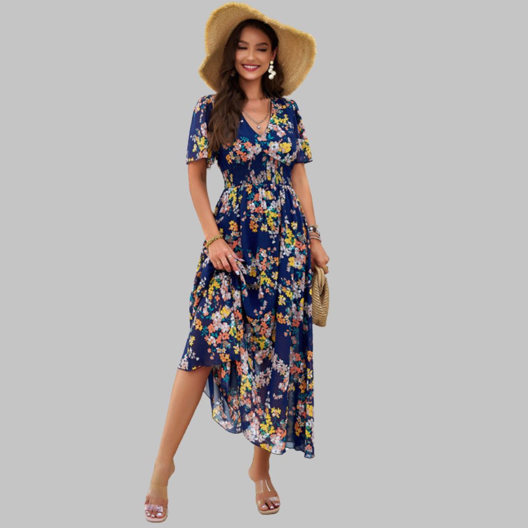 Léonie | Robe Midi avec Motifs Floraux et Manches Courtes pour Femmes