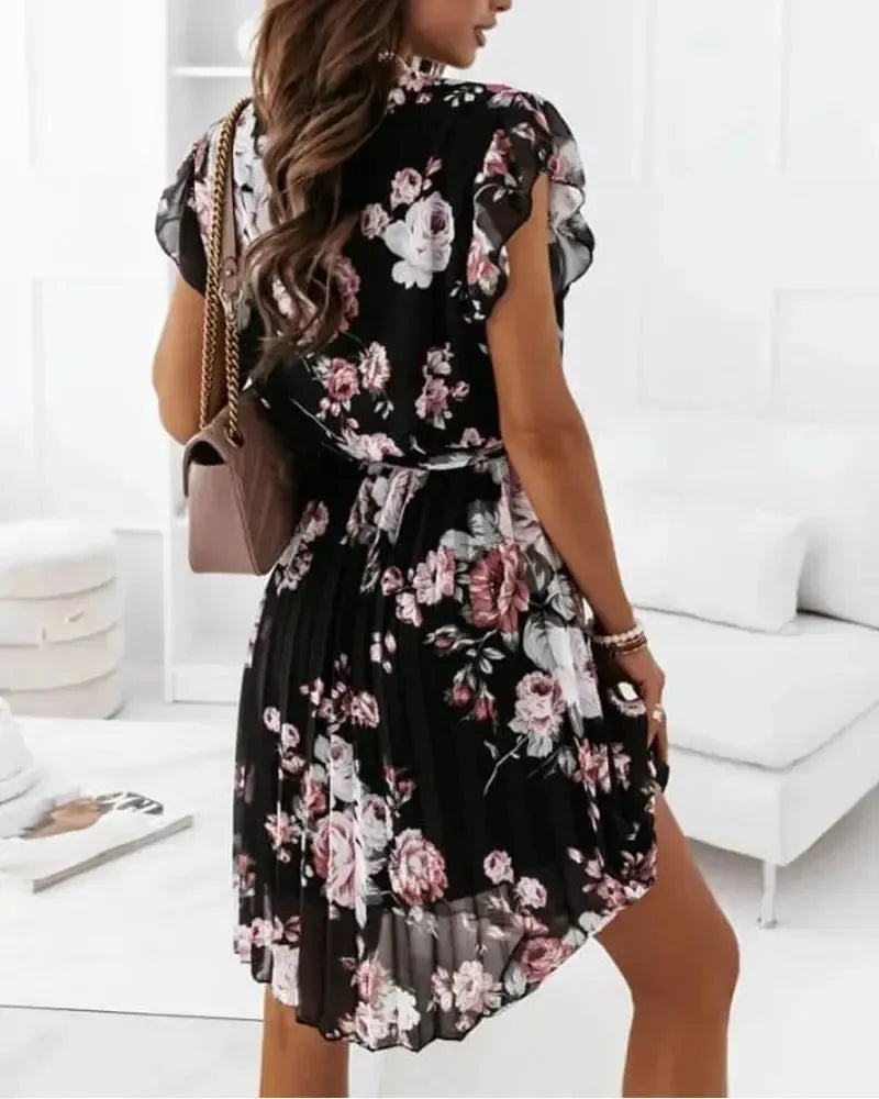Margaret - Robe portefeuille plissée à imprimé floral ceinturée