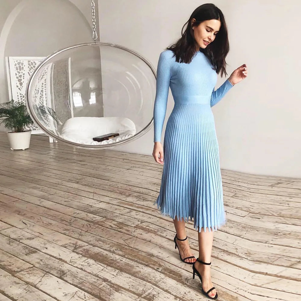 Liliane | Robe midi en tricot côtelé avec ourlet évasé et élégance intemporelle pour femmes