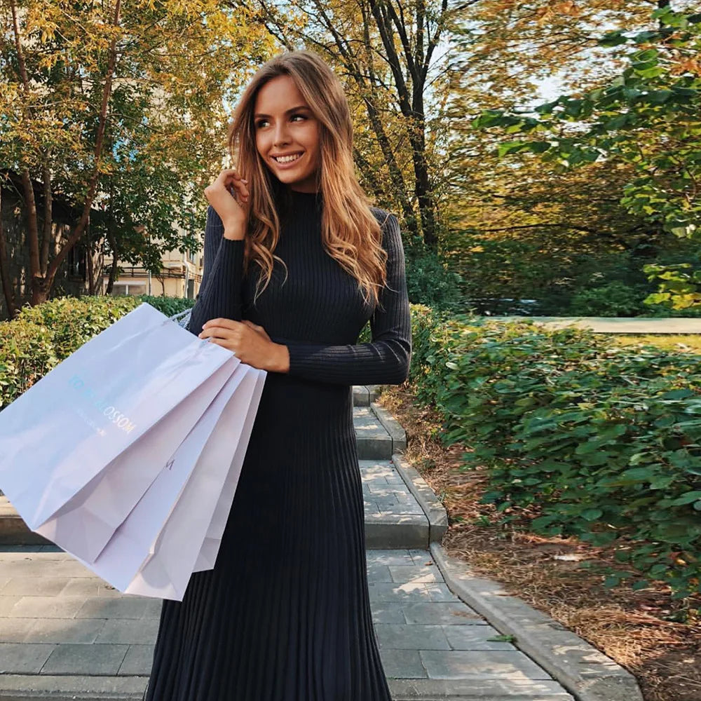 Liliane | Robe midi en tricot côtelé avec ourlet évasé et élégance intemporelle pour femmes