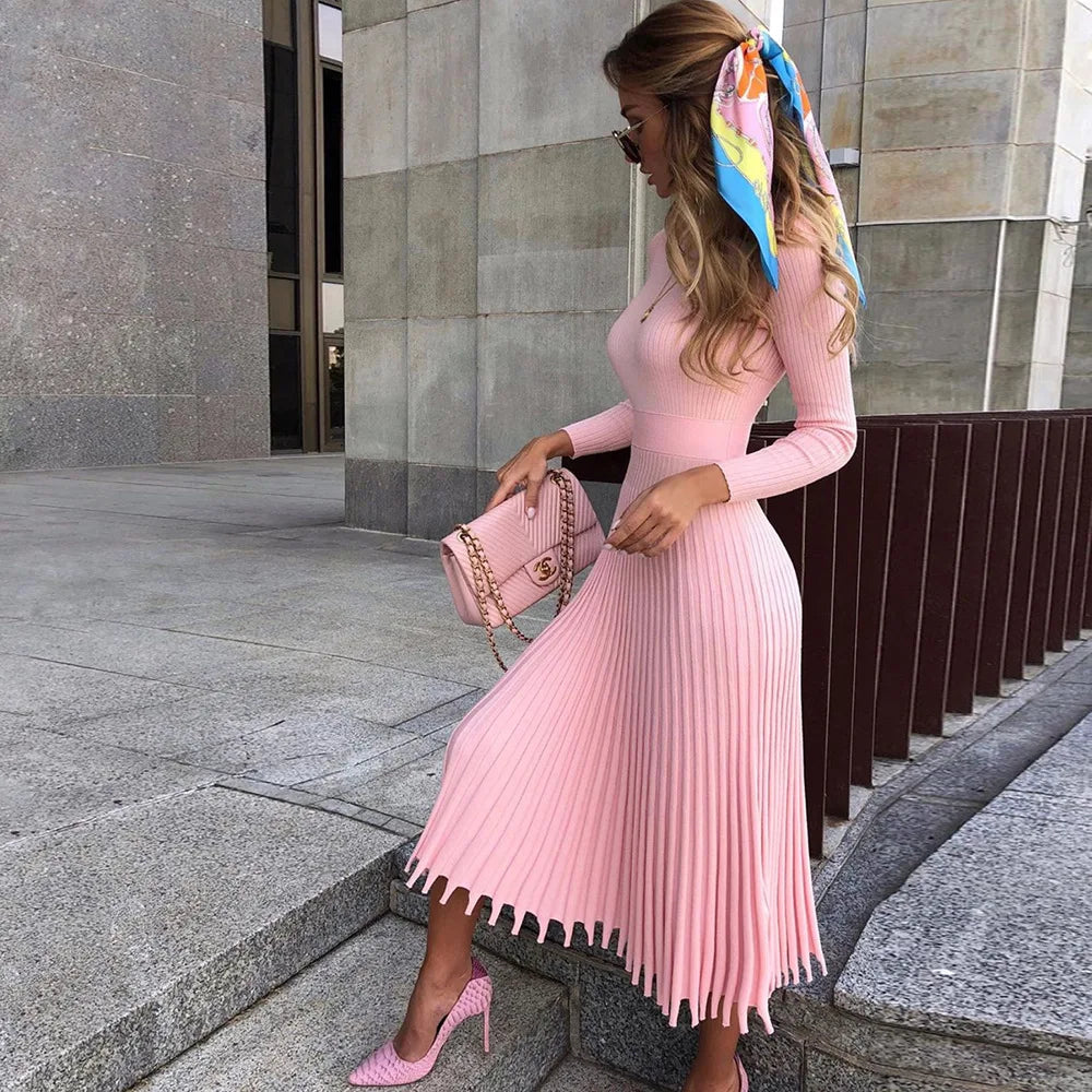 Liliane | Robe midi en tricot côtelé avec ourlet évasé et élégance intemporelle pour femmes