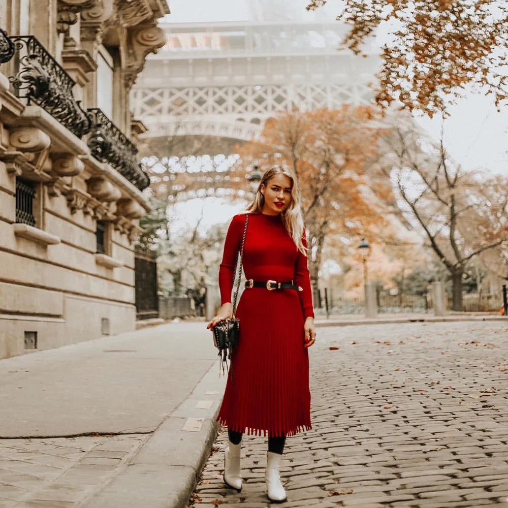 Liliane | Robe midi en tricot côtelé avec ourlet évasé et élégance intemporelle pour femmes