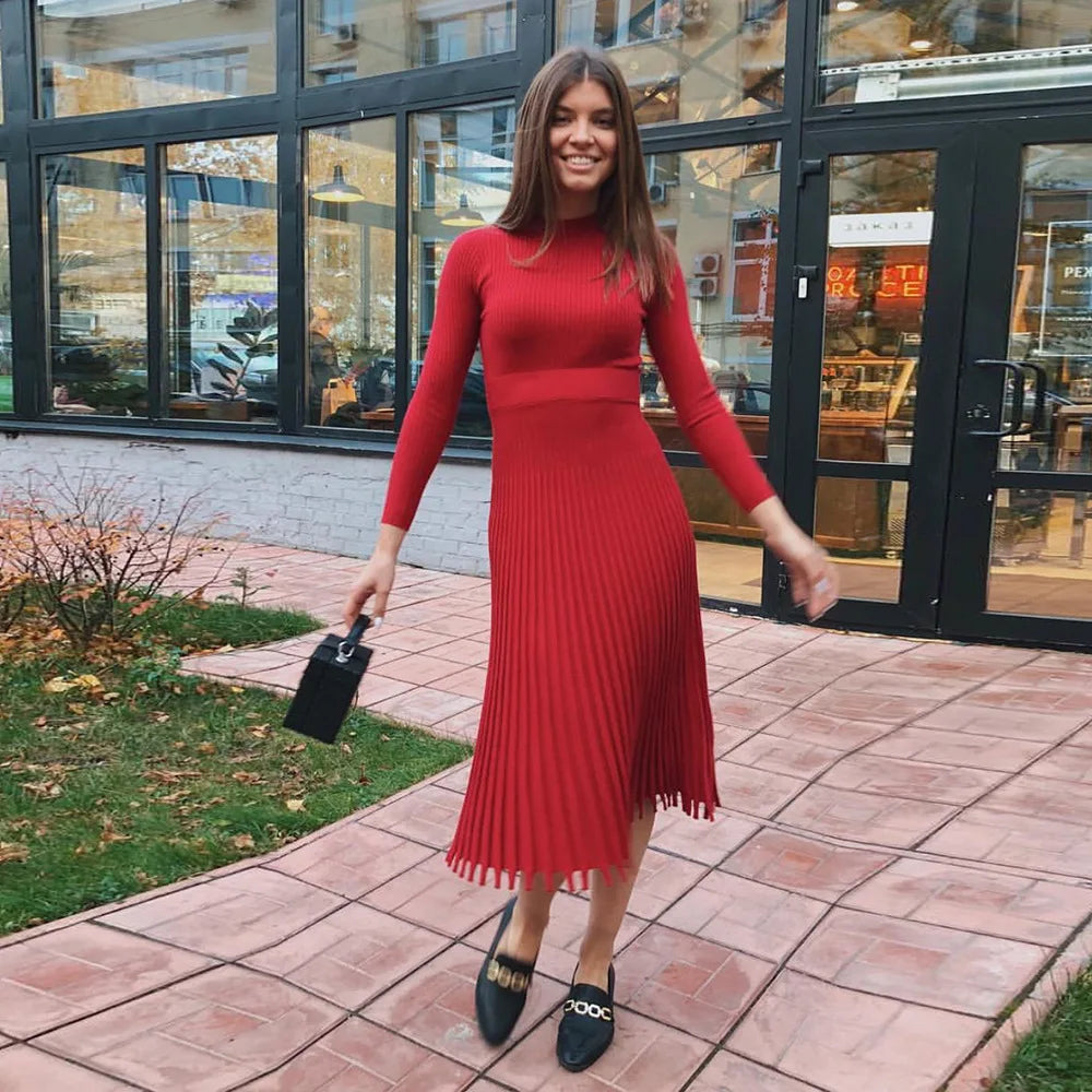 Liliane | Robe midi en tricot côtelé avec ourlet évasé et élégance intemporelle pour femmes