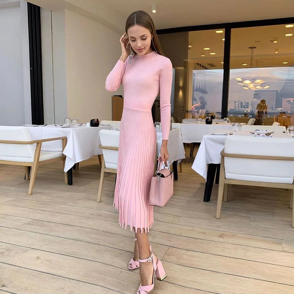 Liliane | Robe midi en tricot côtelé avec ourlet évasé et élégance intemporelle pour femmes