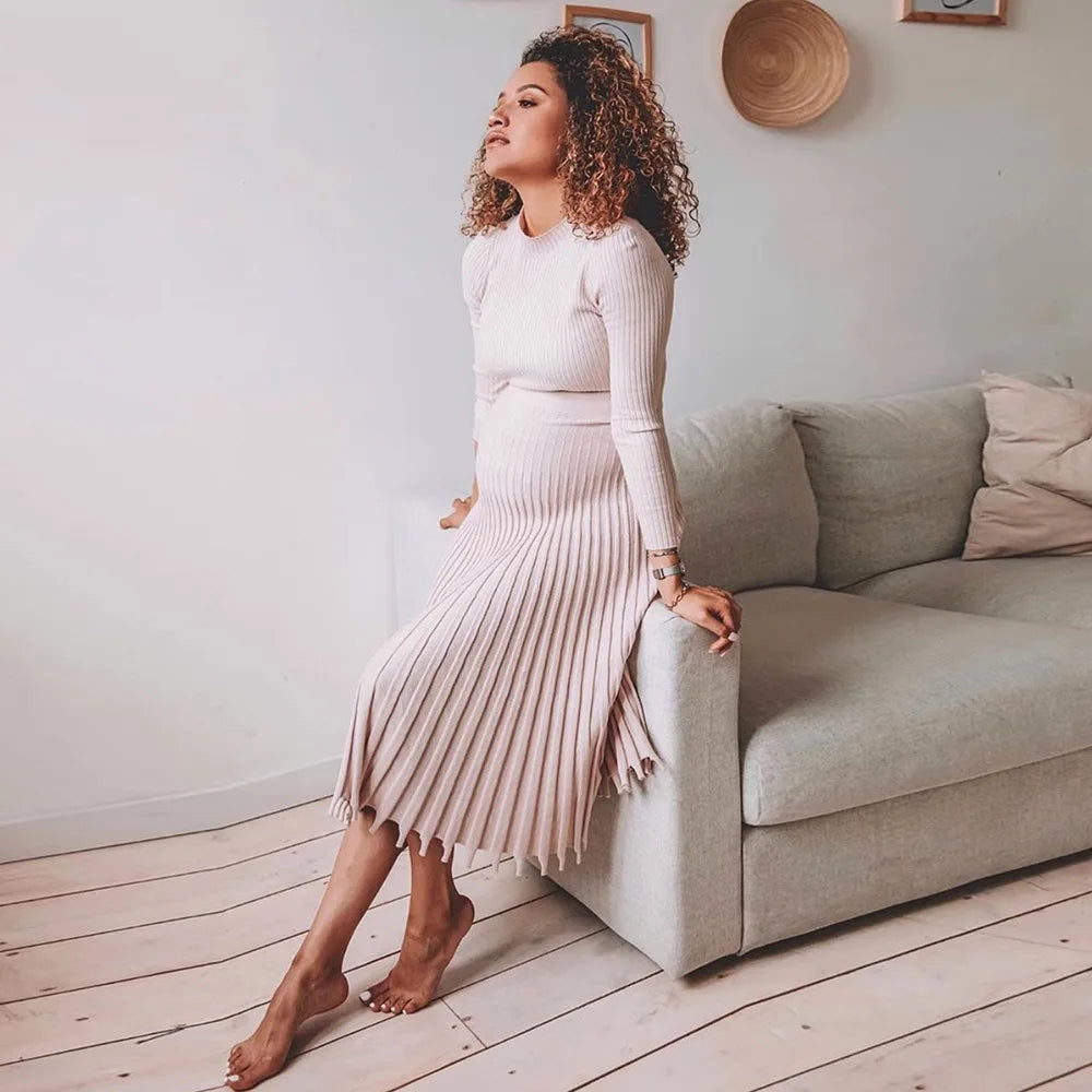 Liliane | Robe midi en tricot côtelé avec ourlet évasé et élégance intemporelle pour femmes